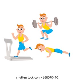 Young man doing sport exercises, training, weightlifting, doing sit-ups, running on treadmill, cartoon vector illustration isolated on white background. Cartoon man, guy doing fitness exercises in gym
