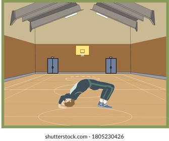 Young man doing sports for Fit Body at empty gym. Buttock Workout Vector Illustration. Bridge yoga pose.