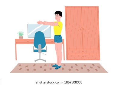 Young man doing sports physical exercises, home workouts and fitness at home during quarantine and lead healthy lifestyle. Flat vector illustration. People, men and women using the house as a gym.