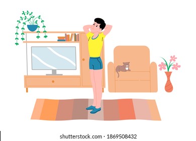 Young man doing sports physical exercises, home workouts and fitness at home during quarantine and lead healthy lifestyle. Flat vector illustration. People, men and women using the house as a gym.