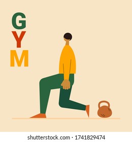 Young man doing sports vector illustration. Gym at home concept. Fitness man doing sports vector flat style illustration. Sports activities