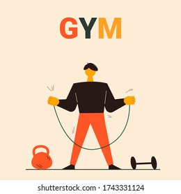 Young man doing sports vector flat style illustration. Fitness workouts and training concept. Gym workout concept. Healthy and active lifestyle. Gym concept. Man doing sports activities vector eps 10