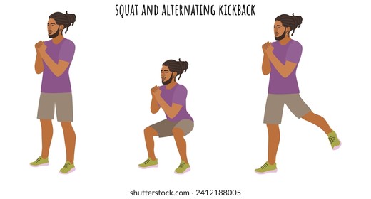 Junge Männer, die sich abwechselnd in einer Squat- und Kickback-Bewegung bewegen. Sport, Wellness, Training, Fitness. Flache Vektorgrafik