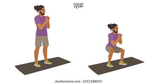 Young man doing squat exercise. Sport, wellness, fitness. Flat vector illustration
