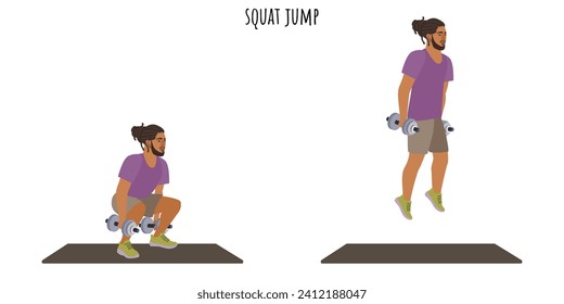 Young man doing squat jump exercise. Sport, wellness, workout, fitness. Flat vector illustration
