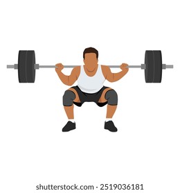 Young man doing squats with barbell on neck back. Flat vector illustration isolated on white background