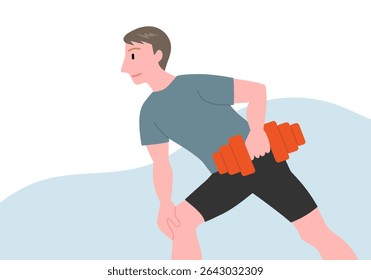 A young man doing strength training with dumbbells (vector illustration)