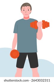 A young man doing strength training with dumbbells (vector illustration)
