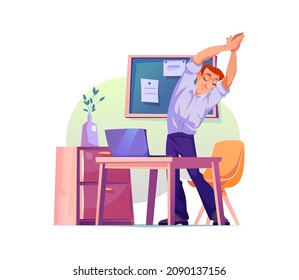 Joven haciendo ejercicio de estiramiento en el lugar de trabajo en el cargo, hombre tendido las manos durante el descanso, personaje plano de caricatura. Trabajador vectorial haciendo ejercicios para reducir el estrés y el cansancio, entrenamiento en el trabajo