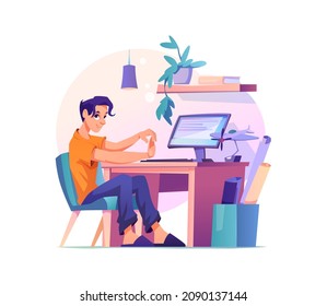 Young man doing stretching while working, guy stretch hand during break, flat cartoon characters. Vector worker doing exercises to reduce stress and tiredness, work at home or office, pain at wrist