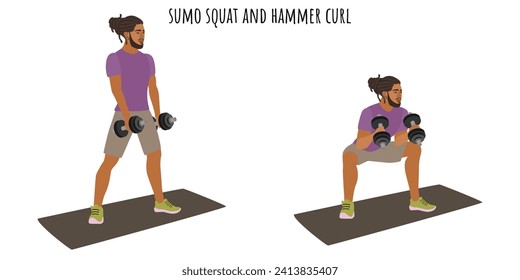 Young man doing sumo squat and hammer curl exercise. Sport, wellness, workout, fitness. Flat vector illustration