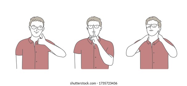 Young man doing thumbs up. Man asking silence. Businessman thinks, massaging his neck. Hand drawn vector illustration.