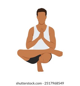 Young man doing tree yoga pose, balancing one leg with hands in prayer position exercise. Flat vector illustration isolated on white background