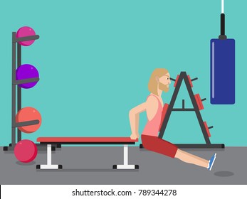 Young man doing triceps dips, bench dips in the gym. Triceps workout. Bench workout. Sport, fitness, exercising, health, lifestyle and people concept illustration vector.
