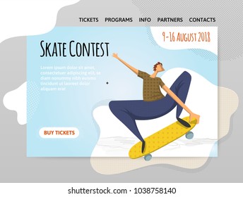 A young man doing a trick on a skateboard. The skate contest. Vector illutration, design template of sport site header, banner or poster.