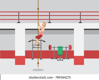 Young man doing vertical rope climbing in the gym using his hands and feet. Upper body workout. Sport, fitness, strengthening, exercising, health, lifestyle and people concept illustration vector.
