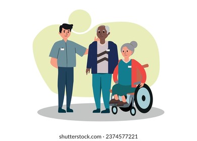 Young man doing volunteer work for the elderly, psychological help for the elderly, Social work concept. Vector illustration.