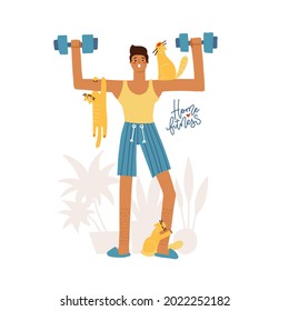 Young man doing wortout at home with naughty pets, man exercising with pets isolated on white. Home training. Stay home funny concept. Flat vector illustration.