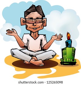 young man doing yoga with candle, hand draw