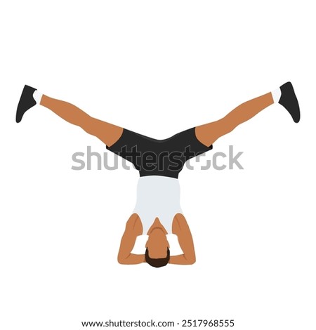 Young man doing yoga in headstand position. Flat vector illustration isolated on white background