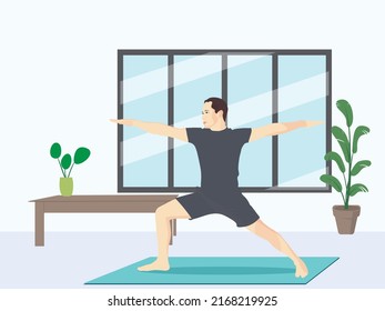 Joven haciendo yoga en casa por la noche después del trabajo. ilustración vectorial del concepto de salud física o estilo de vida saludable