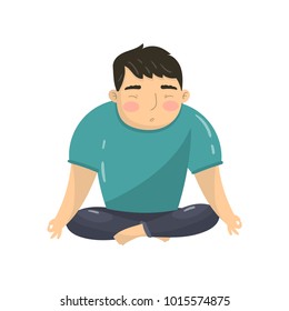 Young man doing yoga in lotus position, peaceful man meditating cartoon vector Illustration