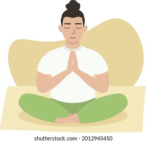 Young Man Doing Yoga In Lotus Posture Vector Design, Flat Cartoon Vector Illustration