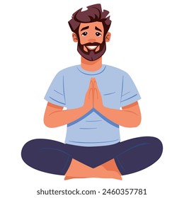 Young man doing yoga Lotus easy pose Sukhasana. Fitness concept. Flat vector illustration on white. This is a hand-made image, without the use of Artificial Intelligence