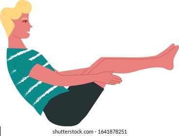 Young man doing yoga, pilates or stretching isolated on white. Boat pose, naukasana or navasana yoga asana. Yoga instructor. Physical activity as a way to relieve stress. Physical and mental health.