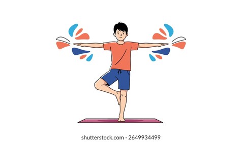 Young man doing a yoga pose on a mat with colorful decorations flowing from his arms