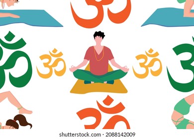 Young man doing yoga. Man relaxing in the lotus position. Vector flat illustration.