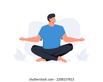 Young man doing yoga, sits with cross-legged on the floor and meditates with closed eyes. Boy makes morning yoga, relaxes at home or breathing exercises. Body positive and health care concept. Vector