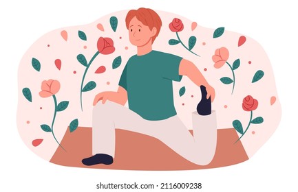 Young man doing yoga. Sport. Healthy lifestyle. Exercise at home. Vector flat illustration