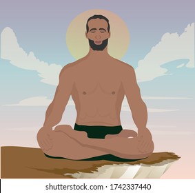 Young man doing yoga at sunset sitting in a lotus position on a rock