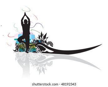 A young man doing yoga vector silhouette in floral wave line , vector illustration