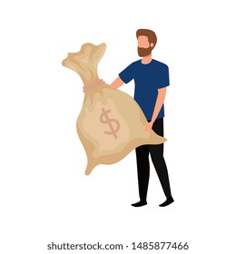 young man with dollars bag character