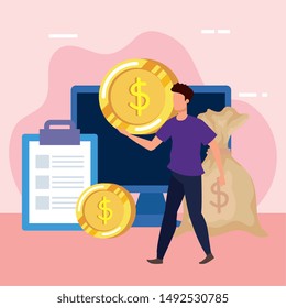young man with dollars bag character