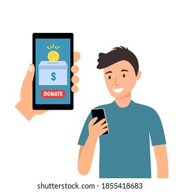 Young Man Donate Money Via Smartphone In Flat Design. Time For Charity. Online Donation Concept Vector Illustration On White Background. Kindness To Poverty.