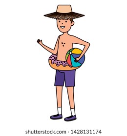 young man with donut float and balloon beach