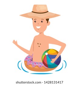 young man with donut float and balloon beach