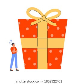 Young man in doubt thinks about present. The guy is thinking about gift for the New Year. Confused young man with question marks thinking about what is inside the gift. Vector colorful illustration.