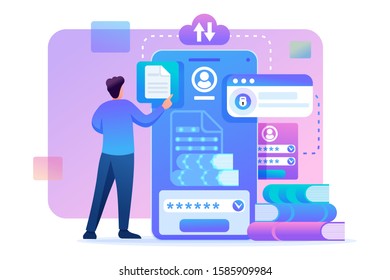 Young man downloads e-books to his smartphone. Flat 2D character. Concept for web design.