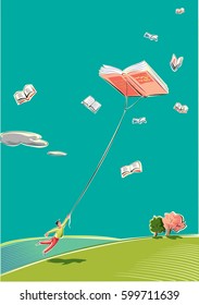 A young man is dragged from a book that flies high in the sky like a kite.