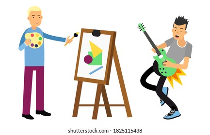 Young Man Drawing and Playing Electric Guitar Vector Illustration Set