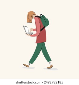 The young man is drawn in a cartoon flat style. The guy goes and holds a laptop. A person does work on the go. Vector illustration.