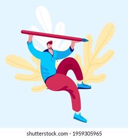 The young man draws a background in the form of leaves with a pen. Vector illustration in a flat style.