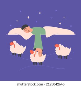 A Young Man Dreaming And Counting Sheeps Under Stars