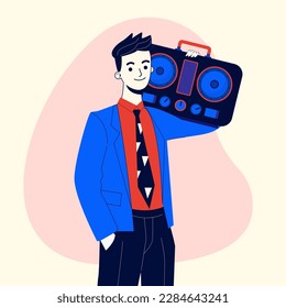 Young man dressed in 90s style vector illustration. Student in bright clothes holding retro tape recorder, playing music on white background. 90s fashion, nostalgia concept