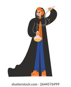 Young man dressed up as an alchemist. Halloween character in linear flat style.
