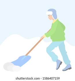 young man dressed in blue pants, a green jacket and a cap with earflaps removes snow with a shovel, color flat vector illustration